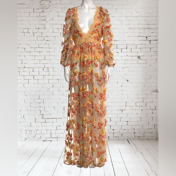 For Love And Lemons Dresses & Skirts - For Love & Lemons Winnie Maxi Long Sleeve Embroidered Floral Dress XS